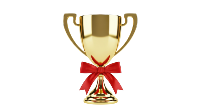 Gold trophy with red ribbon as a prize isolated PNG with Transparent Background