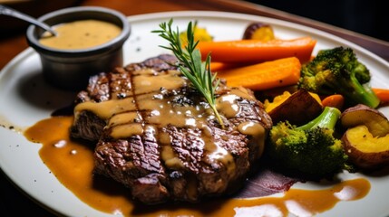 Grilled steak on a white plate with gravy and roasted potatoes, carrot and broccoli