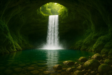 waterfall in green cave