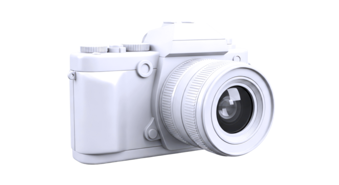 sleek white 3d camera model perfect for mockups, clean design, studio photography, and digital art projects, isolated on transparent background