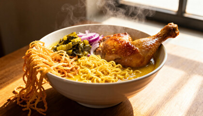 Golden Bowl of Delight: A culinary composition, showcasing the aromatic steam rising from a bowl of tantalizing noodles with a golden chicken drumstick, a harmonious blend of flavors and textures.