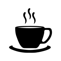 Simple black and white illustration of a hot coffee cup on saucer