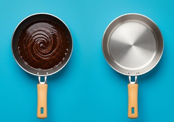 Two cooking pans one with chocolate sauce the other empty