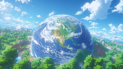 A serene illustration of a giant Earth nestled in lush nature beneath a bright sky, symbolizing global harmony and environmental beauty