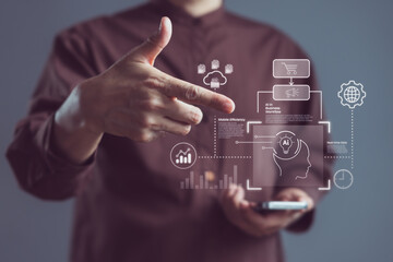 Businessman using hand gesture and smartphone to interact with AI interface for cloud computing, data analytics, mobile efficiency, and smart business automation