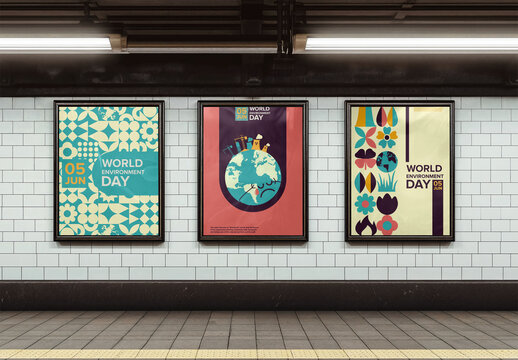 Three empty frames are displayed on a subway platform in an underground metro station. AI PSD template mockup