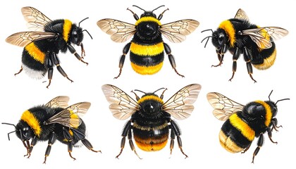 Six bumblebees showcased against a stark white background. Depictions range from side profiles to top-down views, highlighting their fuzzy black and yellow striped bodies and delicate wings.