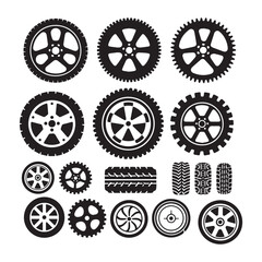 Collection of black-and-white wheel and tire icons, arranged in a grid format on a white background. 