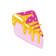 Slice of layered cake with pink cream and yellow glaze topping, sweet dessert pastry vector illustration isolated on white.