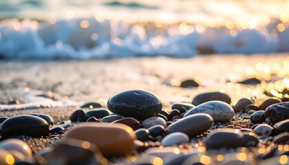 Close-up beach shot during golden hour, showing wet, smooth stones on the sandy shore with the crest of a foamy wave and sunlight in the background