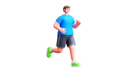3d cartoon man jogging active lifestyle, fun animation, health concept, game asset, isolated on transparent background