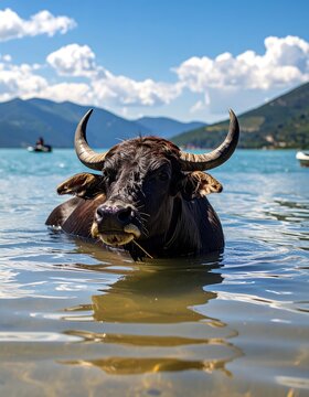 Dark-colored water buffalo in lake, mountains background