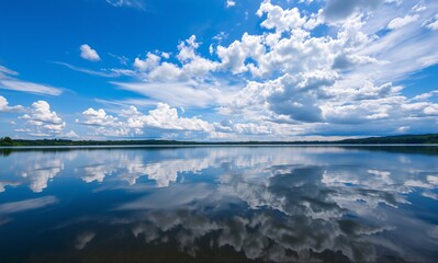 Obraz premium A serene natural landscape featuring a calm lake perfectly reflecting a vibrant blue sky adorned with fluffy white clouds.