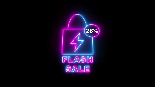 Neon Flash Sale Shopping Bag With 28 Percent Discount On Black Background image photo