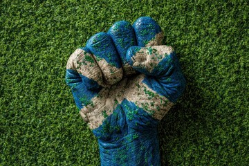 Fist with Scotland flag on grass blue white green