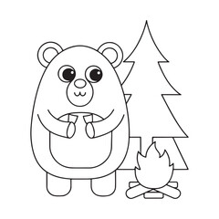 Outline Bear with Campfire and Pine Tree drawing illustration
