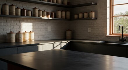 Rustic Kitchen Pantry with Warm Sunlight and Grey Countertops