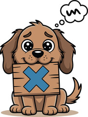 A cartoon dog holding a sign with an x and a thought bubble on a light beige background color image