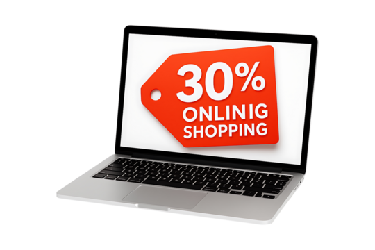 Laptop Screen Displaying Online Shopping Discount Isolated on a Transparent Background