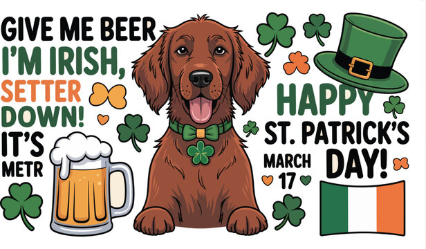 Cartoon of irish setter dog with beer, shamrocks, and st patrick's day elements on a beige background