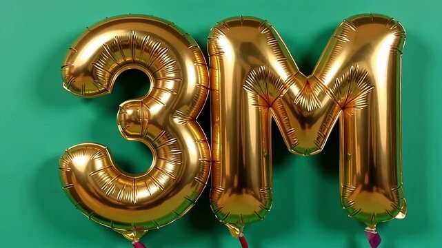 Golden balloons in the shape of '3M' celebrate a milestone achievement.