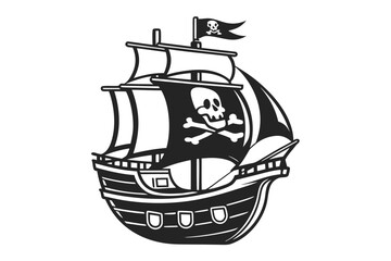Black and White Cartoon Pirate Ship with Skull and Crossbones Icon