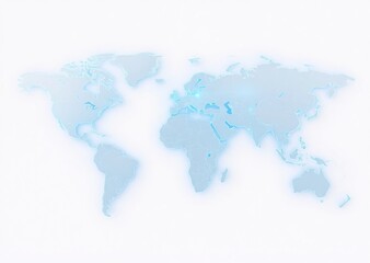 A radiant, digital world map, softly glowing in light blue against a bright white backdrop, symbolizing global unity and connectivity.