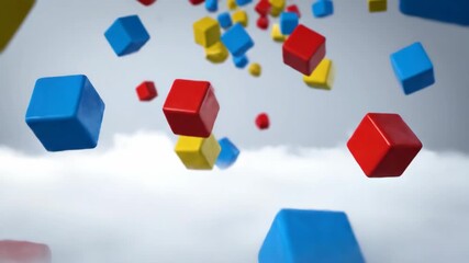 Floating Colorful Blocks Over Clouds. Red, Yellow, and Blue Cubes Ascend in the Sky Above a Soft Cloudscape During the Daytime - Powered by Adobe