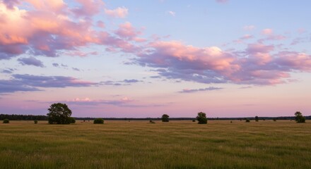 Naklejka premium A serene panoramic view of a vast grassy field with scattered trees under a beautiful pastel-colored sunset sky with soft clouds