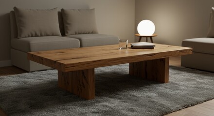 Contemporary living room interior with a solid wood coffee table as the centerpiece, set on a plush rug under warm ambient light
