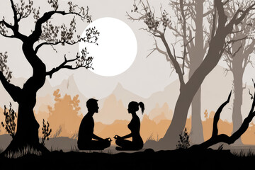 Silhouettes of couple meditating together outdoors, peaceful atmosphere, large full moon, bare trees, autumn landscape, serene and tranquil mood