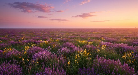 Fototapeta premium Scenic landscape of a vast meadow filled with purple flowers glowing during a tranquil golden hour sunset