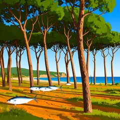 Sunny coastal pine forest path with fish