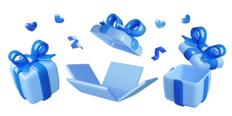 3d gift boxes collection opened and closed, empty inside. Blue birthday presents vector illustration isolated on white background.