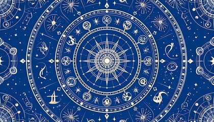 Naklejka premium Intricate celestial map featuring a detailed astrological wheel with Zodiac symbols and star clusters on a deep blue background,