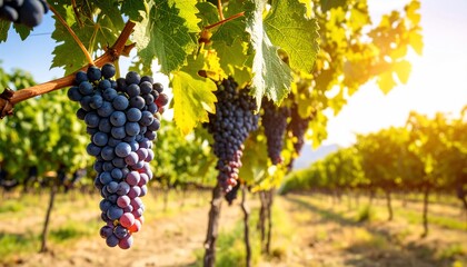 Fototapeta premium Vineyard scene with ripe grapes, foliage, and sunlight creating a picturesque summer moment