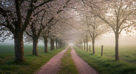 Fototapeta premium Scenic Country Road Lined with Blooming Cherry Trees Under a Misty Dawn Sky
