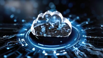 A futuristic representation of a cloud symbolizing digital data storage, flanked by intricate circuit patterns - Powered by Adobe