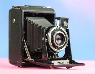 Vintage folding camera on pastel background