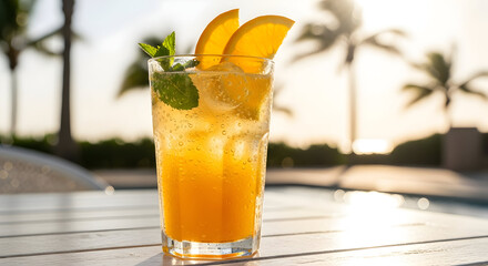 Refreshing orange cocktail with mint garnish by the pool during sunset tropical ambiance