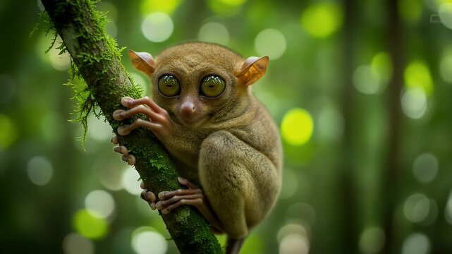 Close up tarsier portrait on forest branch in natural daylight