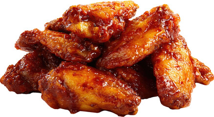 Close-up of a pile of crispy, saucy chicken wings