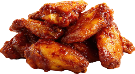 Close-up of a pile of crispy, saucy chicken wings