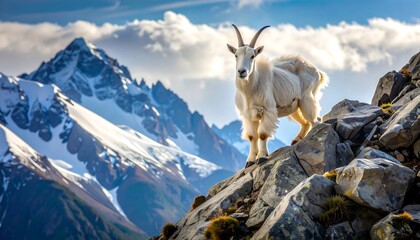 Majestic white mountain goat atop rocky peak