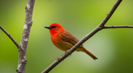 Brilliant scarlet tanager perched on a branch against a vibrant green backdrop