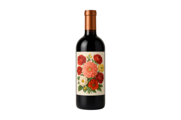 Elegant Wine Bottle with Floral Label Isolated on a Transparent Background