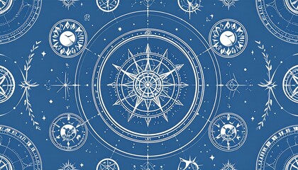 Intricate repeating pattern on a blue background. Complex arrangement of celestial symbols. Design elements include compass roses, stars, and symmetrical floral motifs.