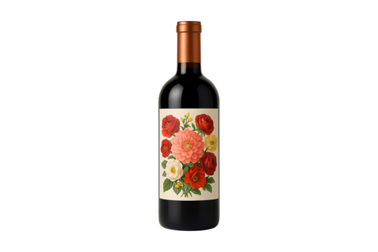 Elegant Wine Bottle with Floral Label Isolated on a Transparent Background