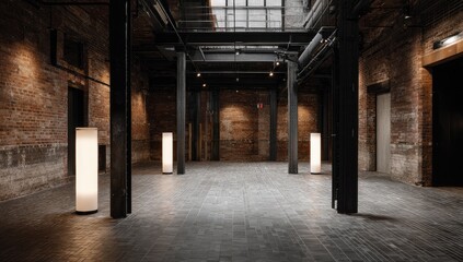 Fototapeta premium Industrial loft space with exposed brick and metal beams