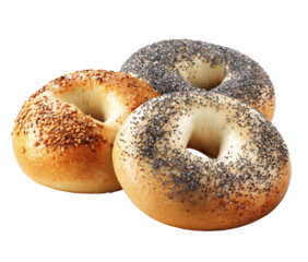 Three bagels, one sesame, one poppy seed, stacked
